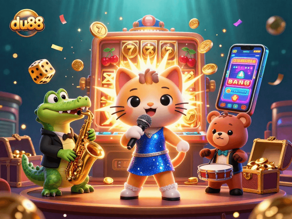 Experience excitement at du88 with cartoon characters celebrating a jackpot explosion!