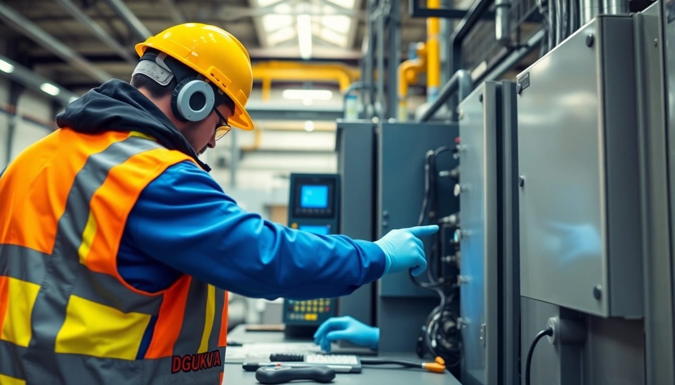 Technician conducting a DGUV V3 Prüfung on electrical equipment, showcasing safety measures and professional alignment.