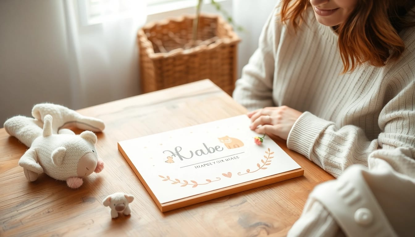 Gestalte personalisierbare Geburtskarten mit kreativen Designs auf einem Tisch.