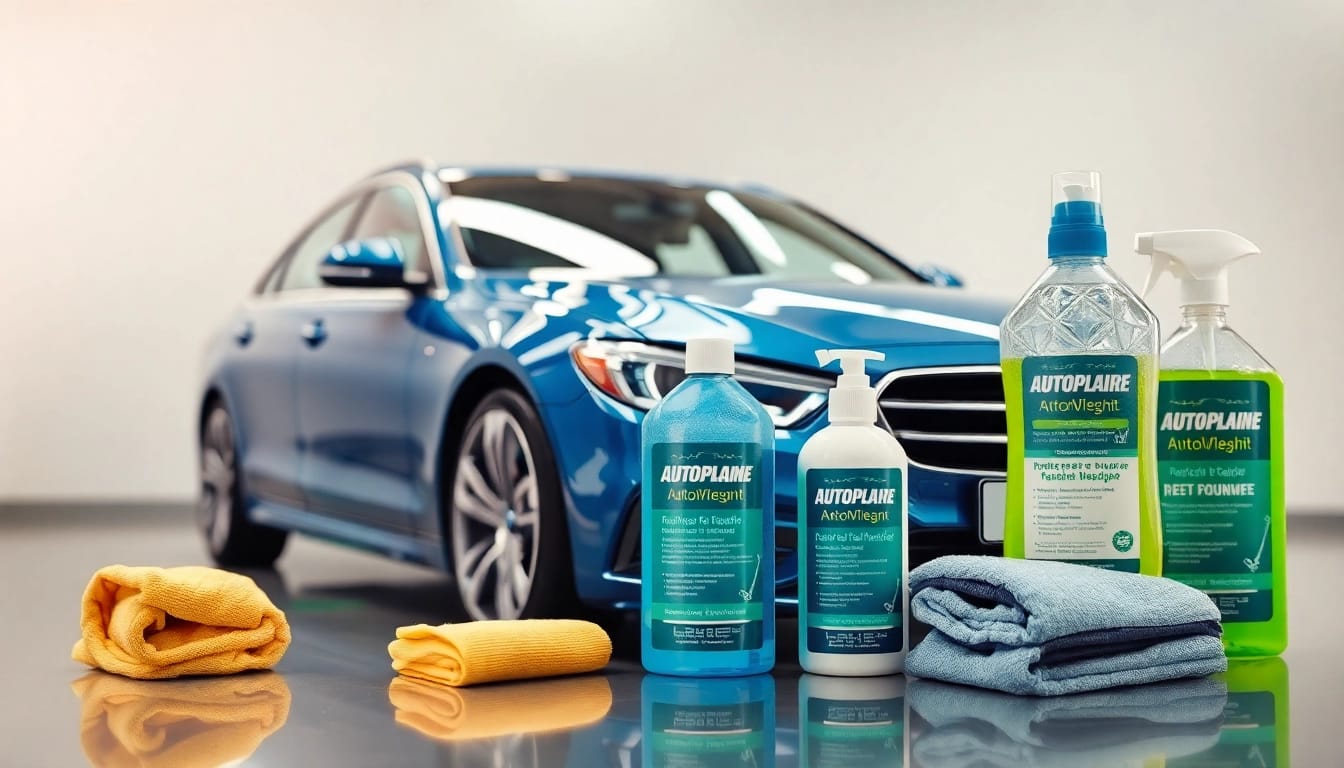 Autopflege Produkte präsentieren glänzende Reinigungsmittel und Zubehör in einem klaren, gepflegten Umfeld.