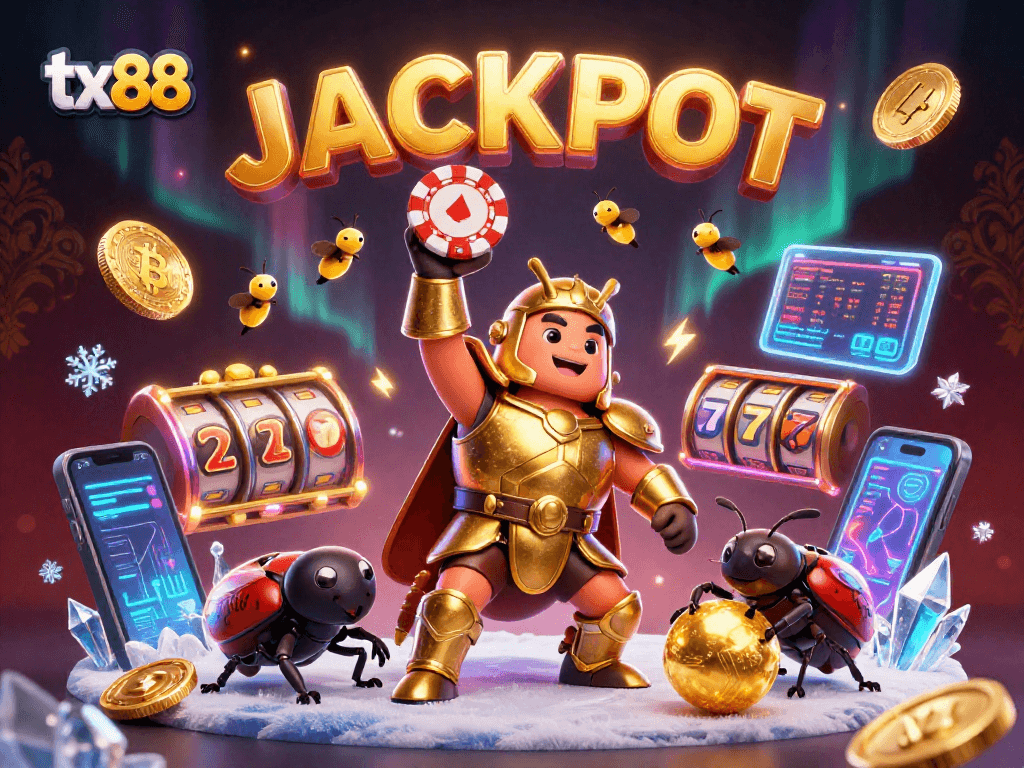 tx88 celebrates jackpot wins with a vibrant digital scene of beetles and crypto coins.