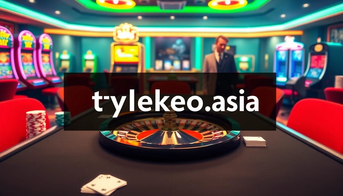 Exciting casino scene featuring poker chips and a roulette wheel, showcasing tylekeo.asia.