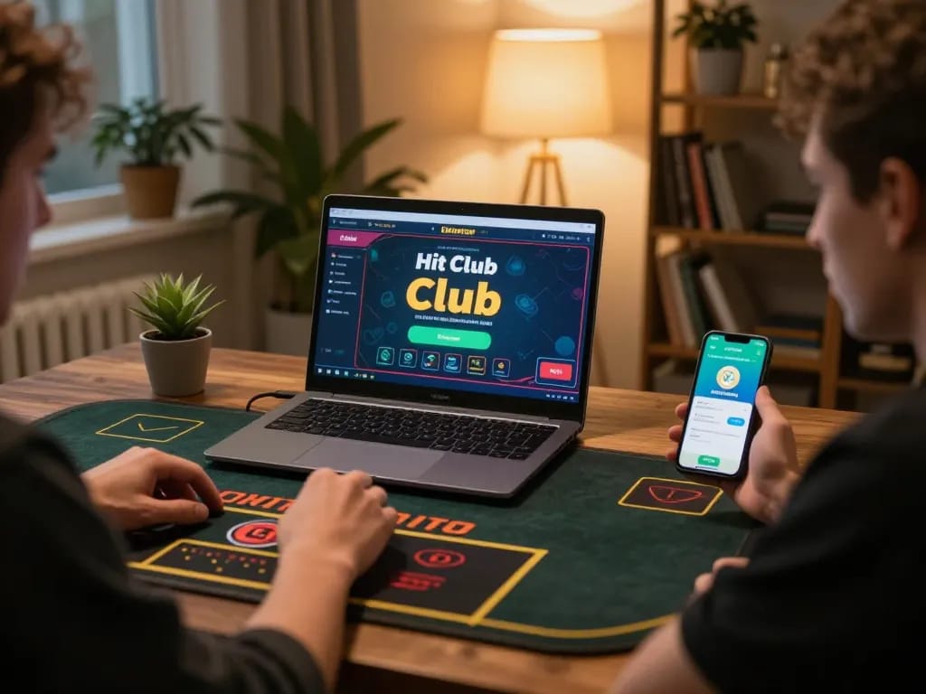 Player enjoying immersive online gaming experience with Hit club interface on laptop and smartphone.
