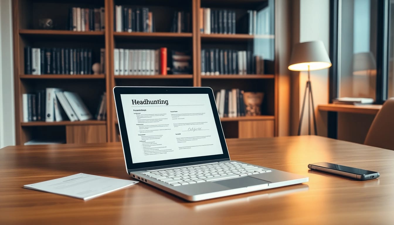 Headhunter bei der Arbeit in einem modernen Büro mit Recruiting-Datenblatt und Laptop.