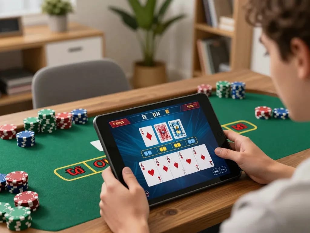 Player engaging in online blackjack on a tablet, enhancing strategy with fly88 gaming features.