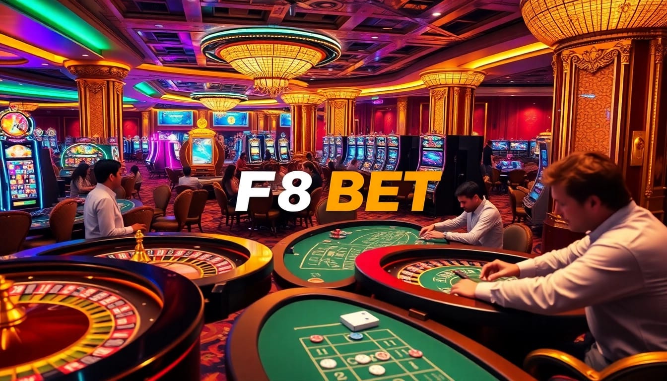 Players enjoying a luxurious casino experience at F8 BET with vibrant gaming tables and slot machines.