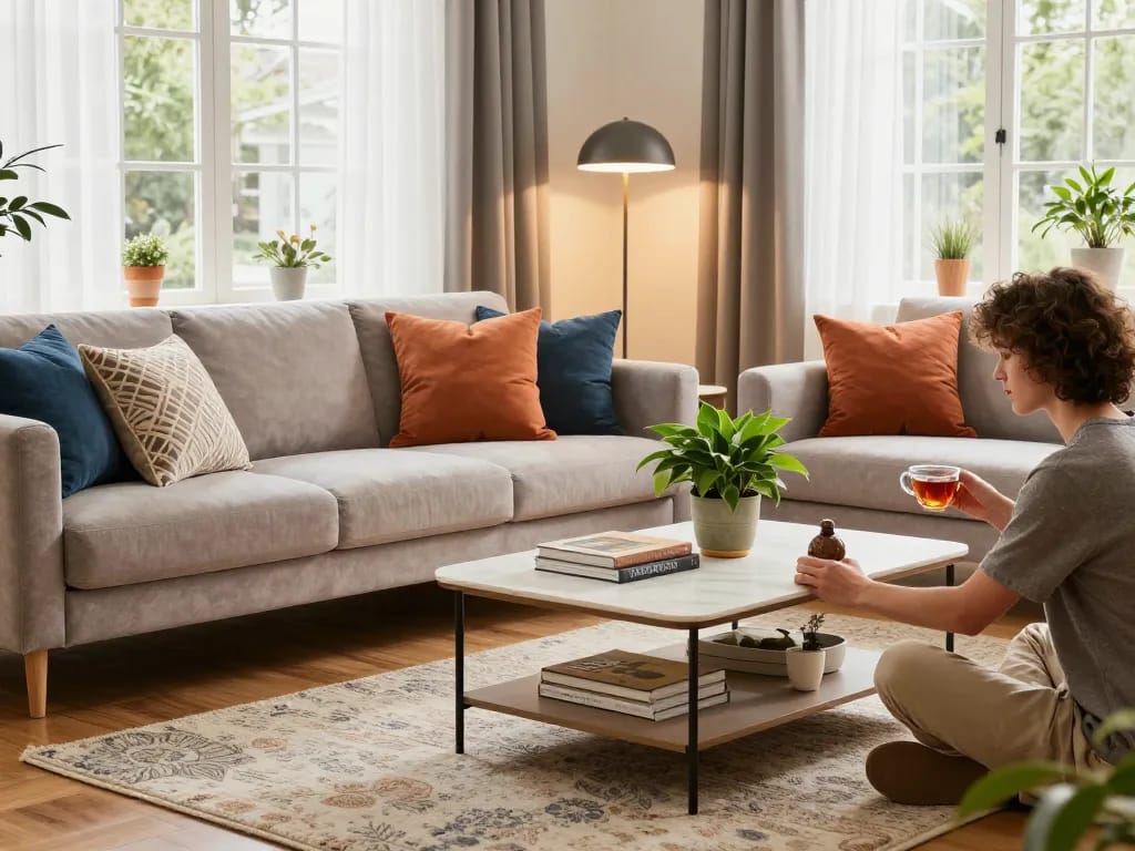 Sofort lieferbar stilvolle Wohnkultur in einladendem Wohnzimmer mit natürlichem Licht.