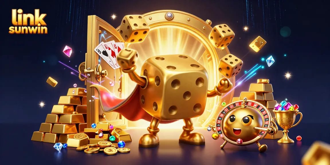 Engage with link sunwin through an ultra-detailed 3D casino scene featuring golden dice and treasures.