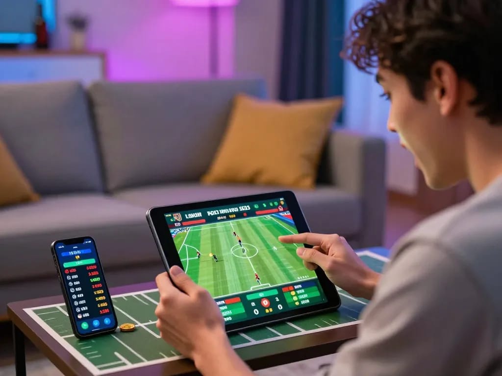 Exciting sports betting moment with soi kèo bóng đá analysis on tablet, showing live statistics.