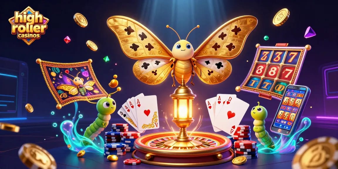 Experience the thrill of high roller casinos with golden moths, coins, and vibrant gaming elements.