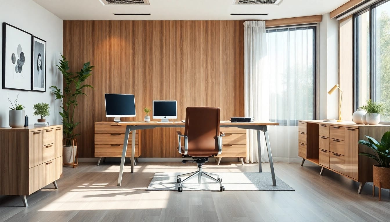 Entdecken Sie ergonomische Büromöbel in einem modernen Büro-Set, das stilvolle Lösungen für effizientes Arbeiten bietet.