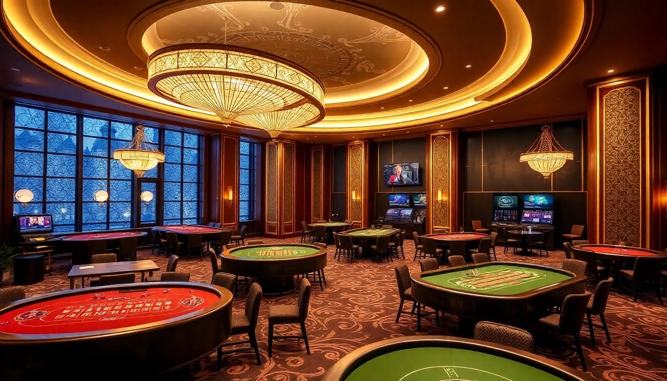 Spiele Casino ohne Anmeldung in einem luxuriösen, stilvollen Ambiente mit Spieltischen und goldenen Akzenten.