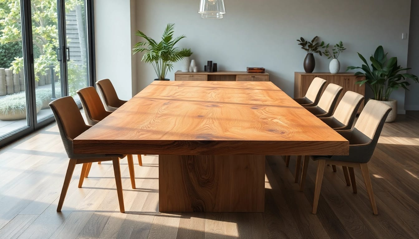 Genießen Sie einen eleganten, massiven Eiche Esstisch mit Baumkante in einem stilvollen Esszimmer. Der Tisch präsentiert warmes Holz und moderne Akzente für gemütliche Zusammenkünfte.