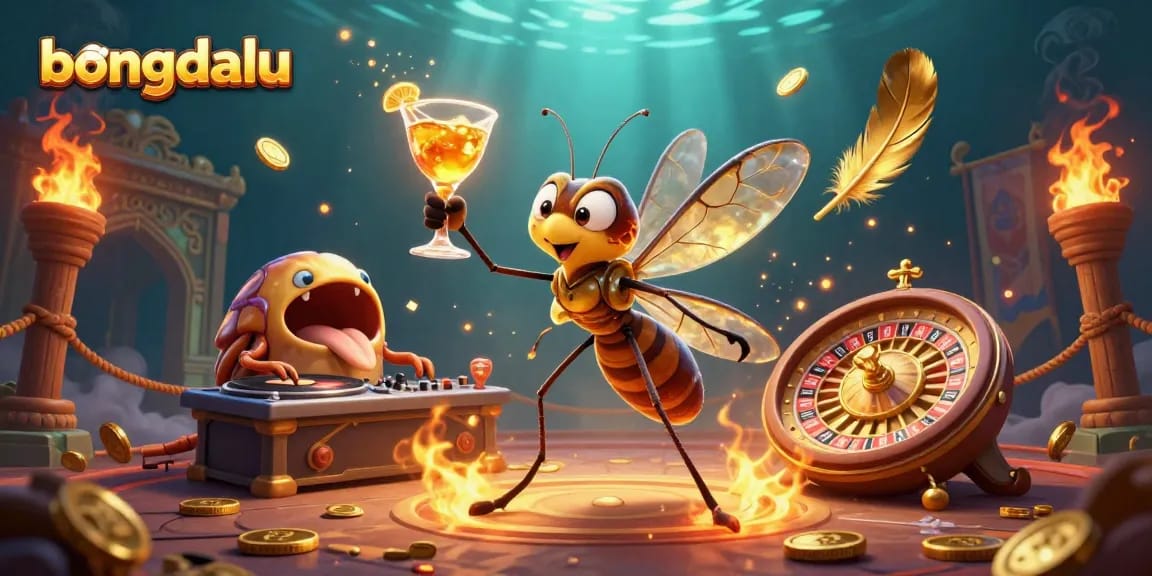 Bongdalu showcases a vibrant casino scene with a vibrant mosquito mascot and a trilobite DJ.