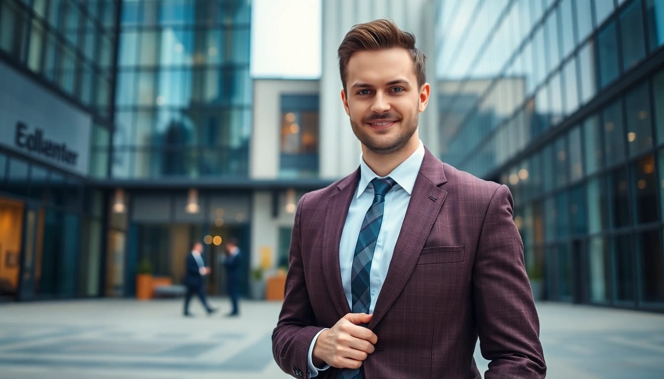 Headhunter bei der Arbeit vor einem modernen Büro in dynamischer Pose.