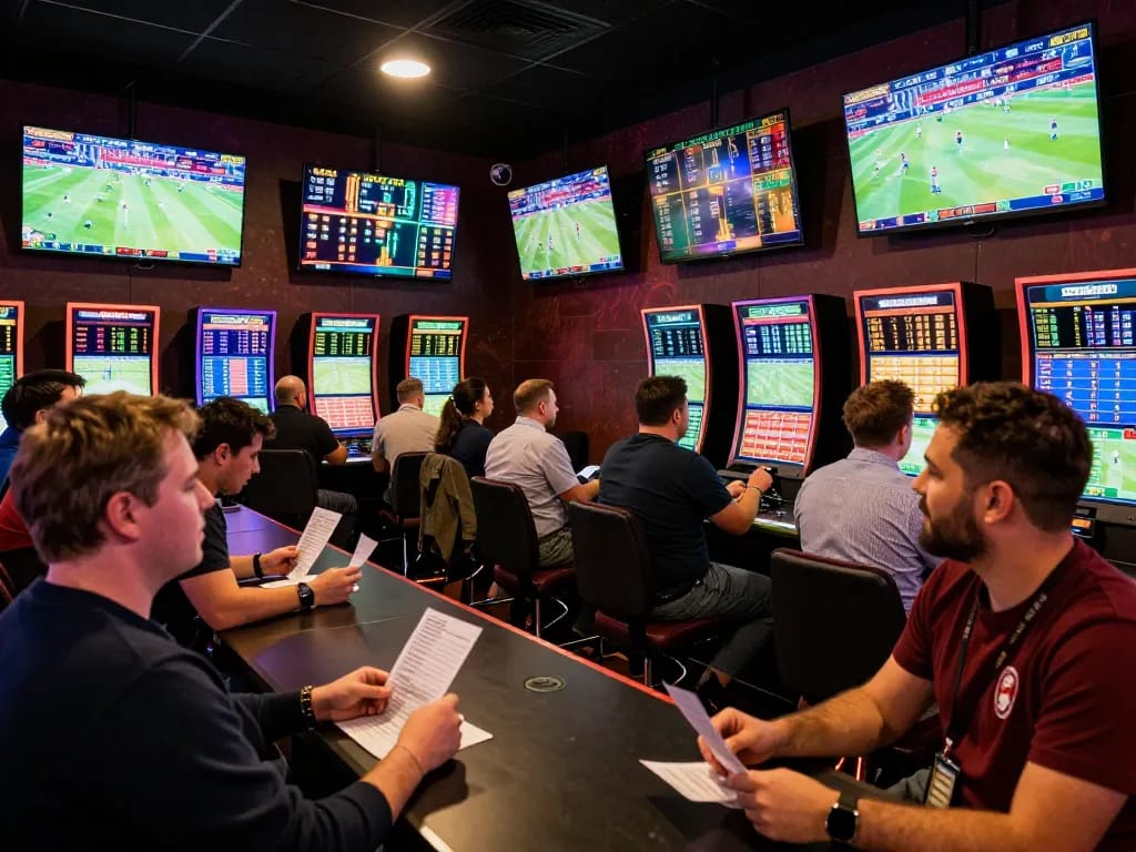 Excited patrons placing bets at keonhacaii sports betting hall with vibrant screens showing live matches