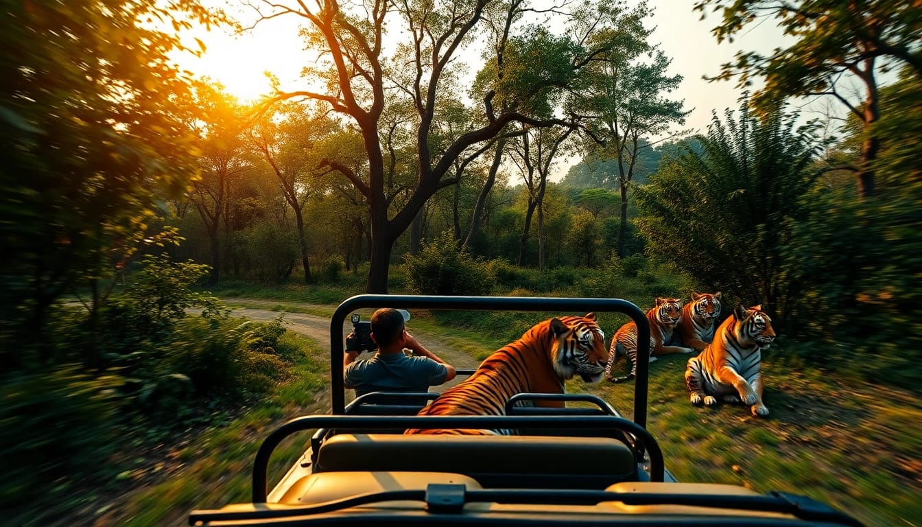 Experience the excitement of wildlife safari tours in India, capturing a Bengal tiger in its natural habitat.