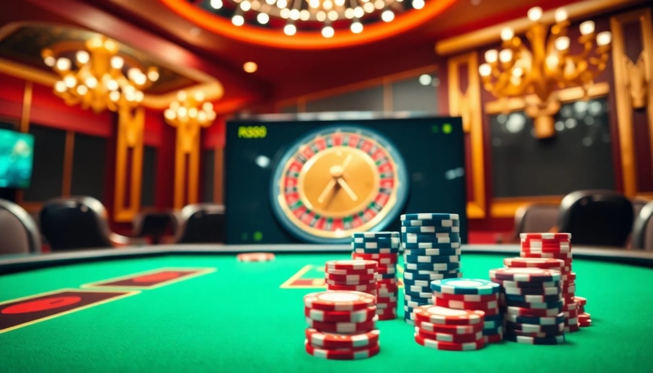 Experience the excitement of RR88 casino with vibrant poker chips and a luxurious roulette wheel.