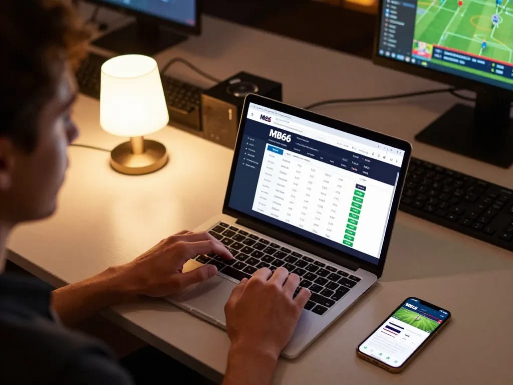 Experience thrilling sports betting at MB66 with live odds displayed on a laptop, showcasing dynamic gameplay.