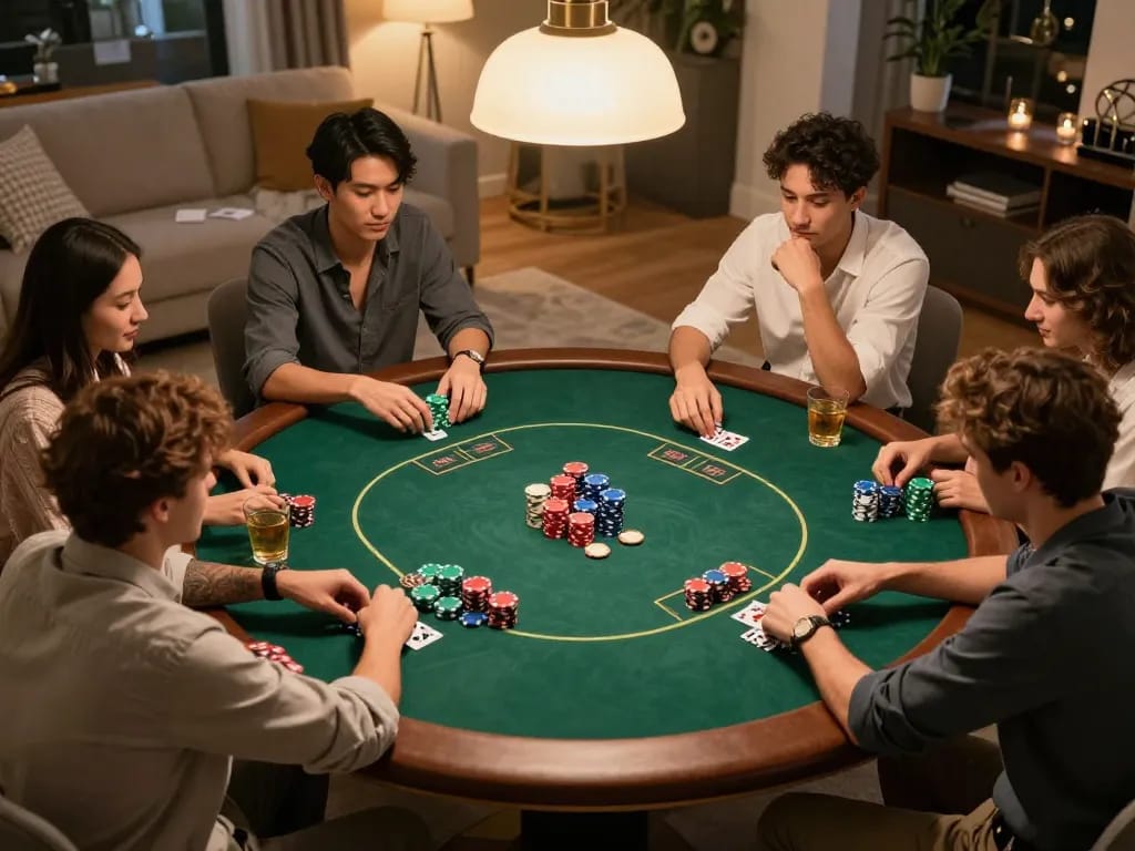 Gathering friends around a poker table showcasing a VIN777 gaming strategy night.
