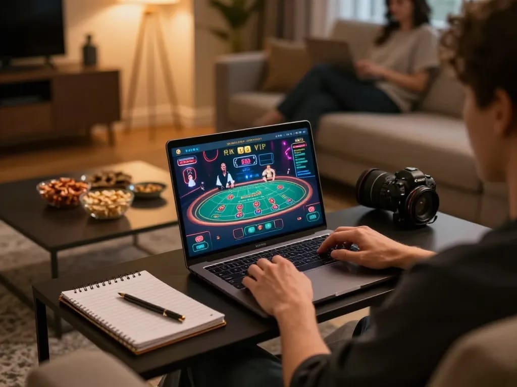 Engaging in Rik vip online casino gaming with relaxed home setup and strategic betting notes
