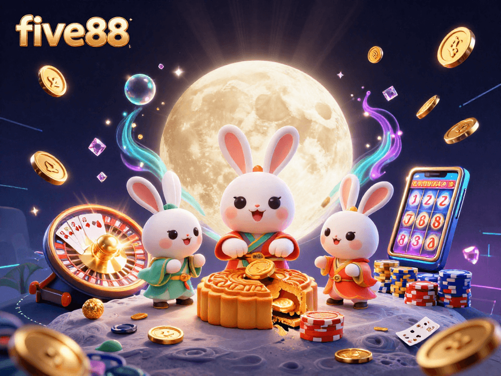 Experience the excitement of five88 with an enchanting 3D casino scene showcasing unique elements and characters.