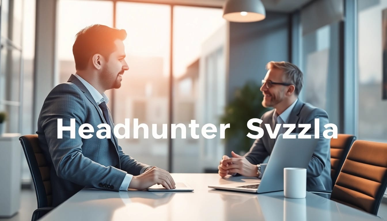 Headhunter Schweiz berät Klienten in einem modernen Büro mit Laptop.