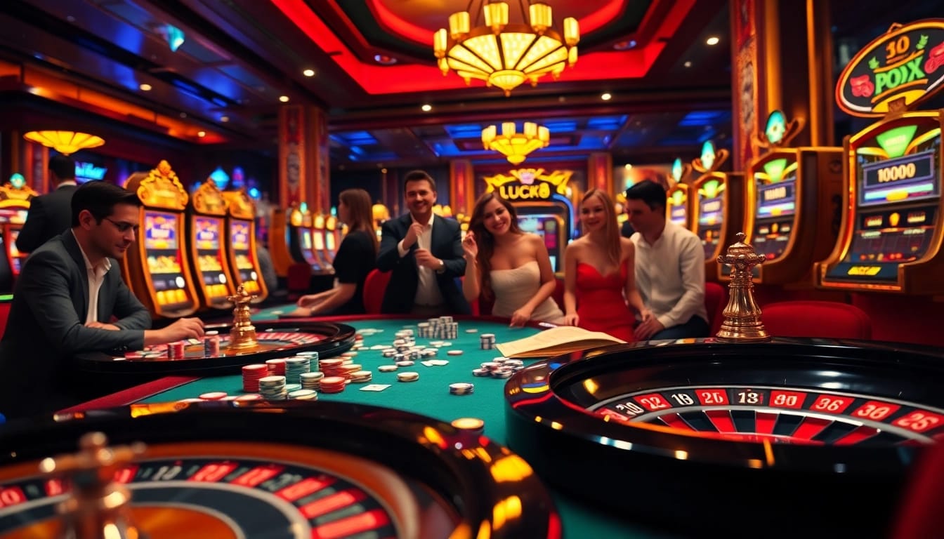 Trải nghiệm cảm giác casino đầy phấn khích tại LUCK8 với các cảnh poker, roulette và máy đánh bạc sống động.