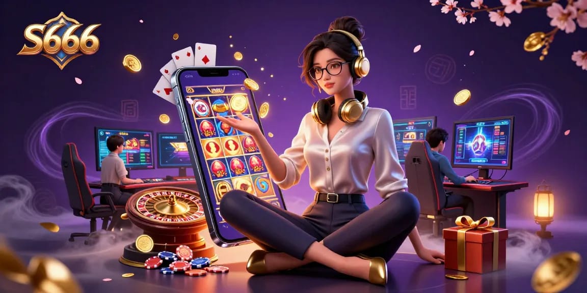 S666 immersive gaming scene showcasing a professional Asian woman navigating colorful casino games with vibrant graphics.