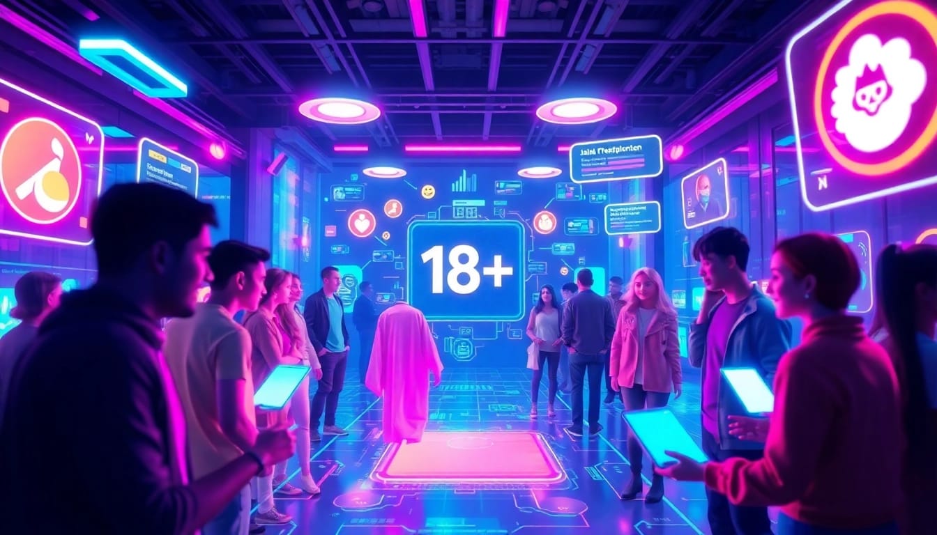 Dynamic digital social scene showcasing avatars in an adult-friendly 18+ ai environment.