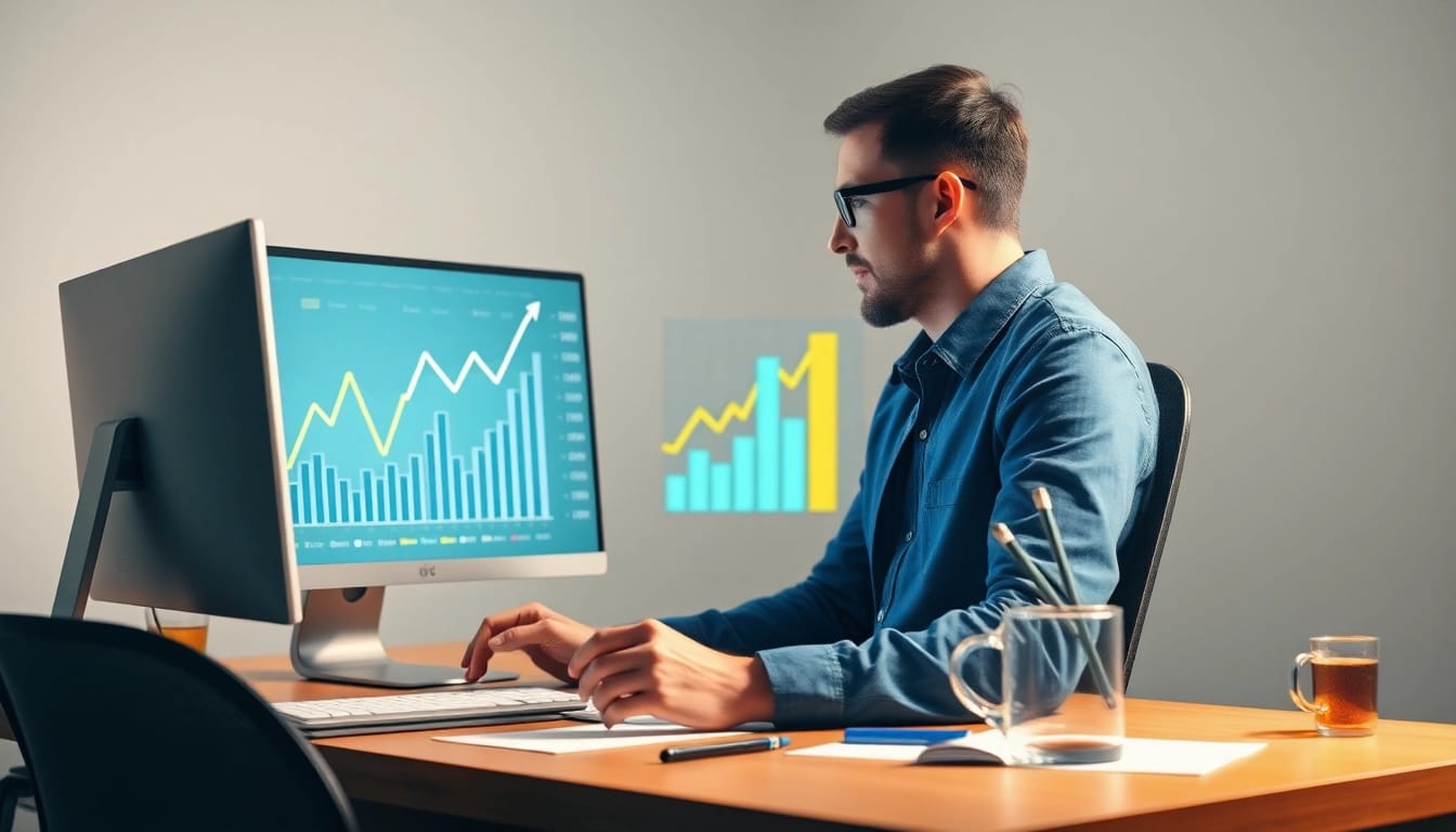 Visualisieren Sie den Aufstieg im SEO-Ranking durch Diagramme und Grafiken am Arbeitsplatz.
