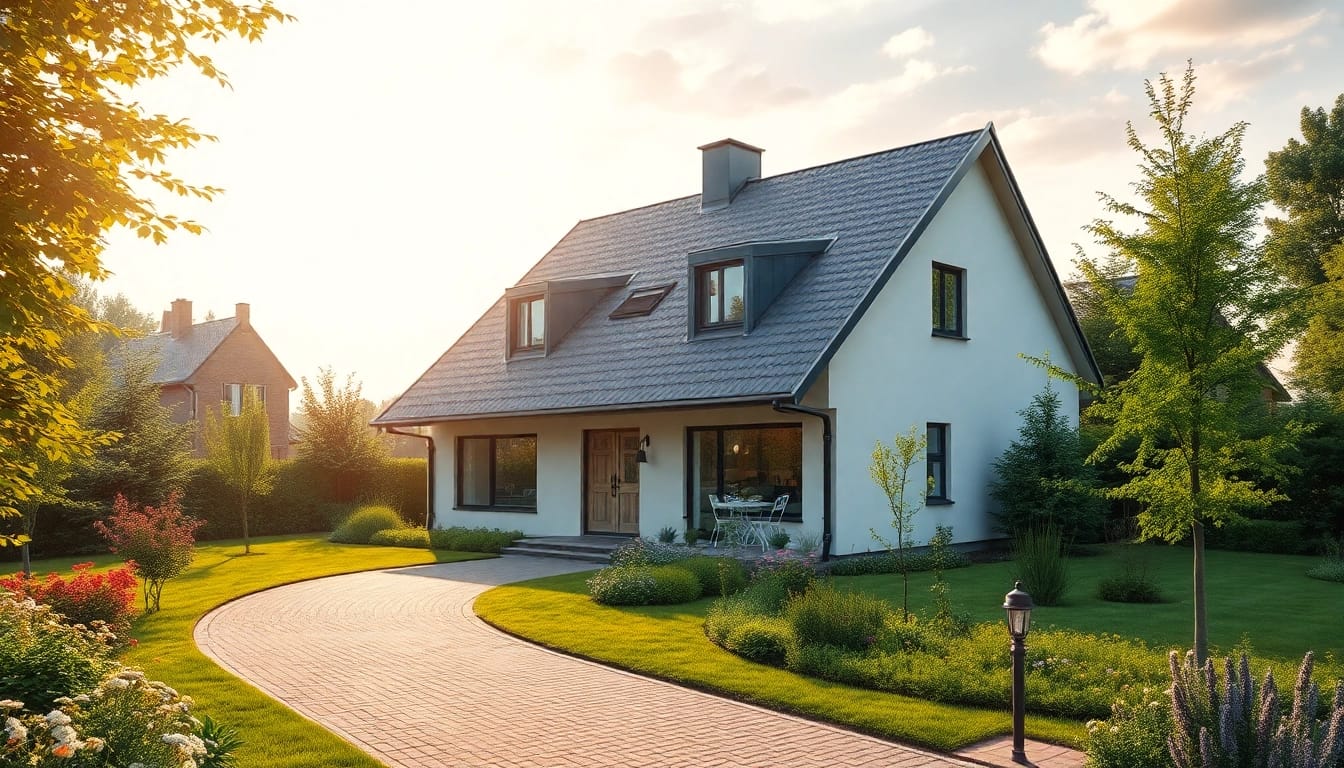 Entdecken Sie einen einladenden Hauskauf mit einem modernen Einfamilienhaus in einer schönen deutschen Wohngegend.