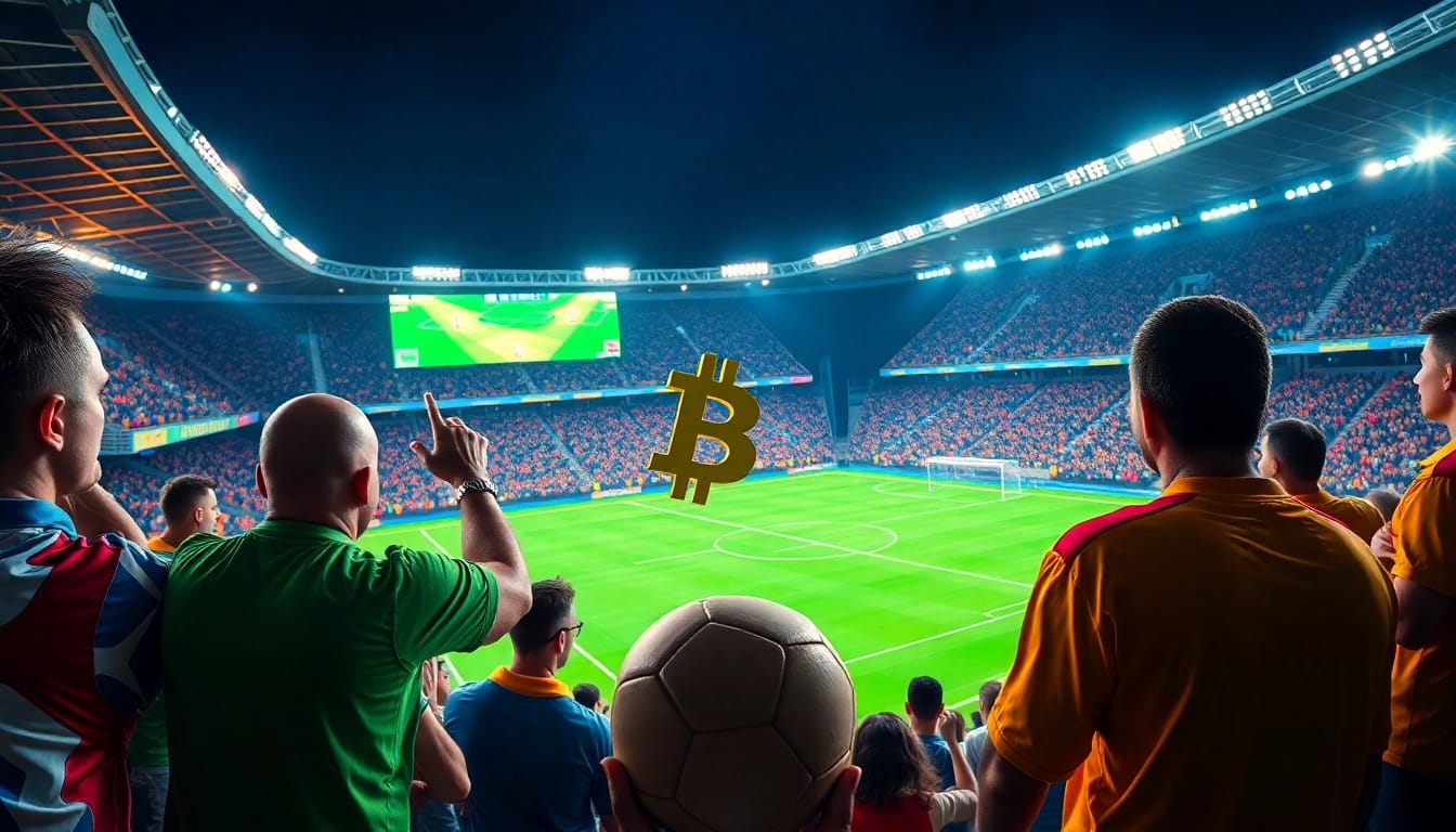 Experience the thrill of Bitcoin football betting in an electrifying stadium atmosphere with enthusiastic fans.