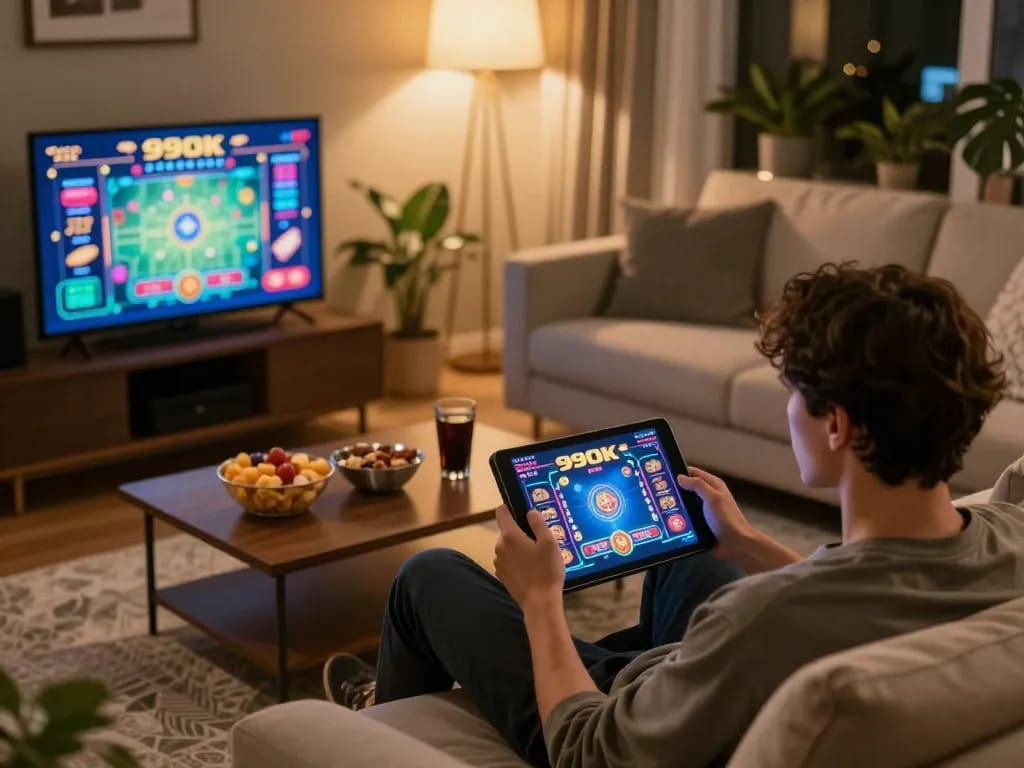 Player engaged in an online game at 99OK from cozy home setup, showcasing gaming excitement and comfort