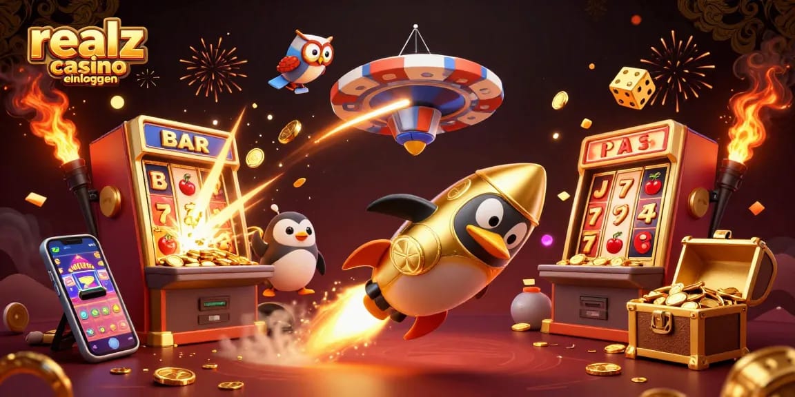 Erleben Sie das realz casino einloggen mit spannenden Spielautomaten und einem goldenen Pinguin im Weltraum.