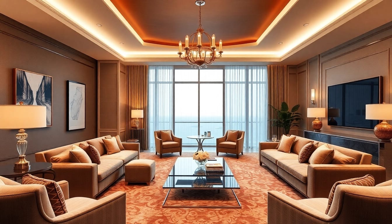 Luxury living room with plush seating and elegant decor creating a serene atmosphere.