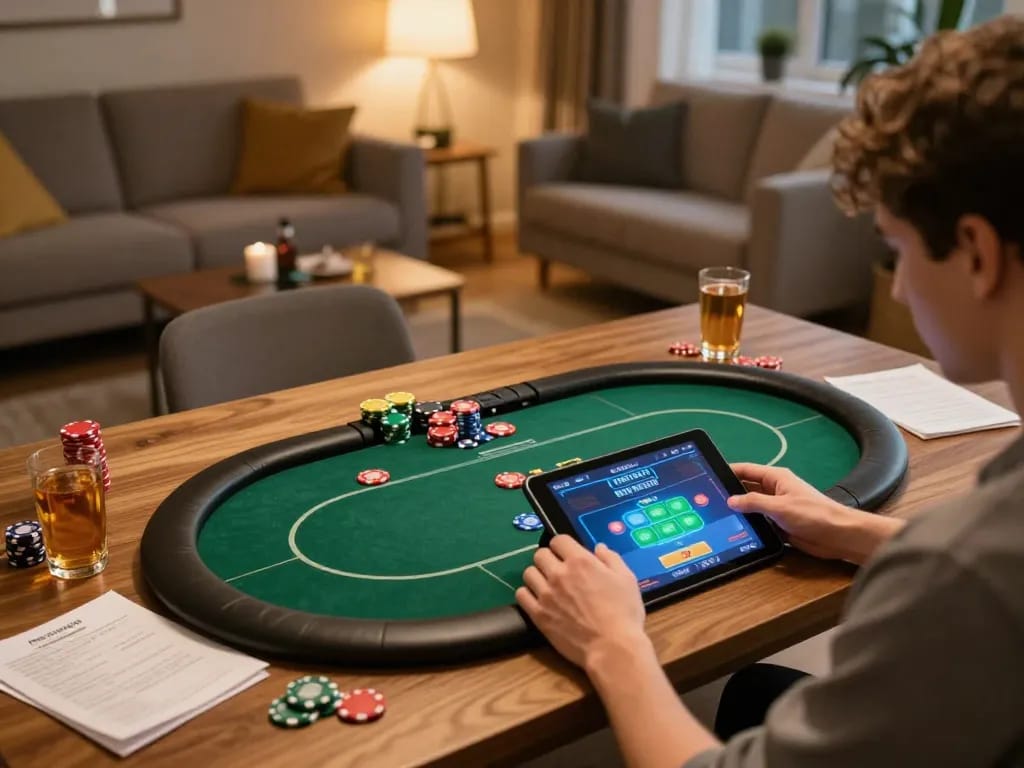 Engaging with mk8's online poker game from home, showcasing strategic gameplay and comfortable settings.