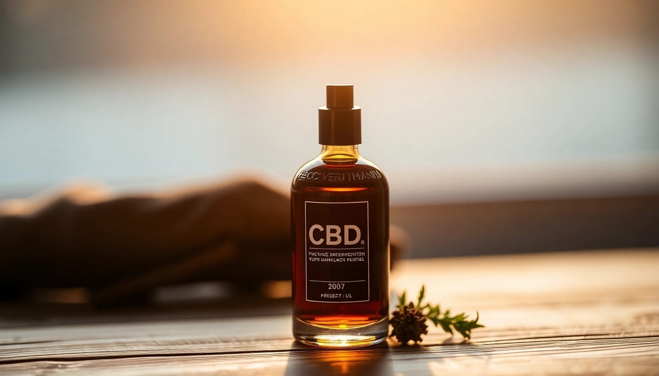 CBD Öl in einem eleganten Glasbehälter auf Holz, ideal für natürliche Heilmittel.