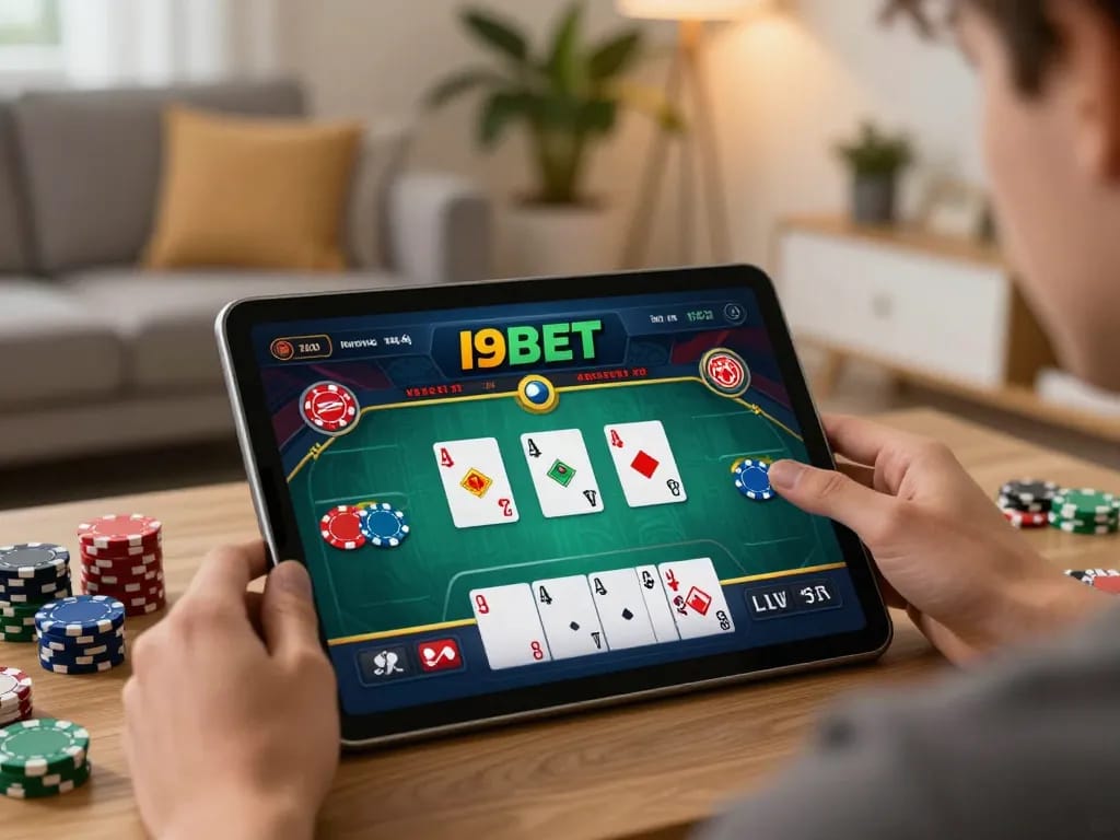 I9BET user enjoying an online poker game on a tablet in a cozy living room environment.