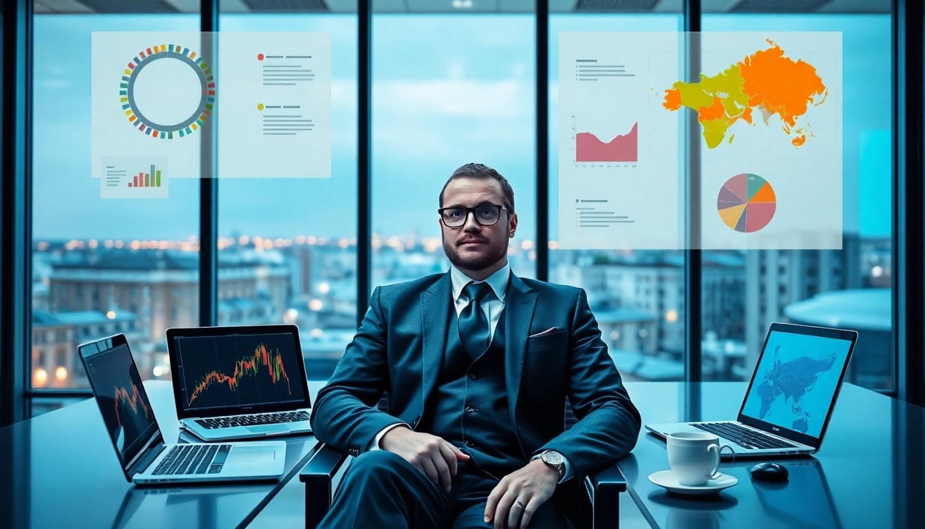 Headhunter Solingen in einem modernen Büro, umgeben von Arbeitsmaterialien und einem Blick auf die Stadt.