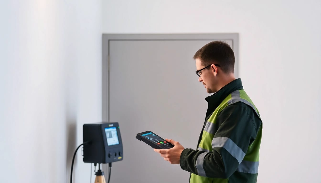 Professioneller Prüfer führt die DGUV V3 Prüfung an einem elektrischen Gerät durch, um Sicherheit am Arbeitsplatz zu gewährleisten.