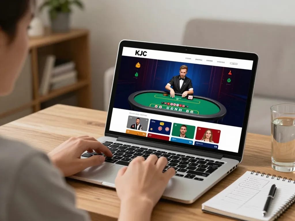 KJC player engaging with an online casino game, demonstrating strategic gameplay in a cozy home environment.