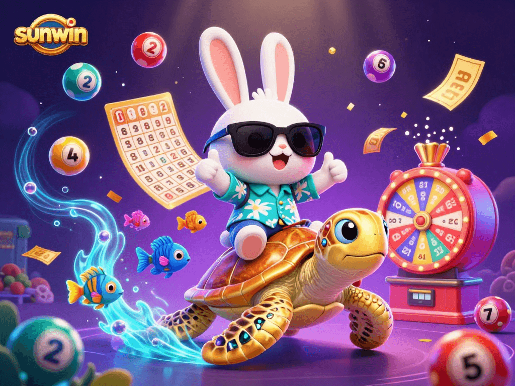 Experience thrilling fun with Sunwin's lucky rabbit winning on a golden turtle in a vibrant casino scene.