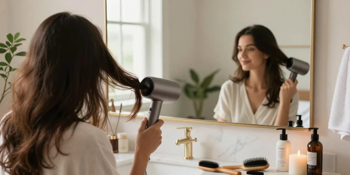 Woman using a small hair dryer in a stylish bathroom setting.