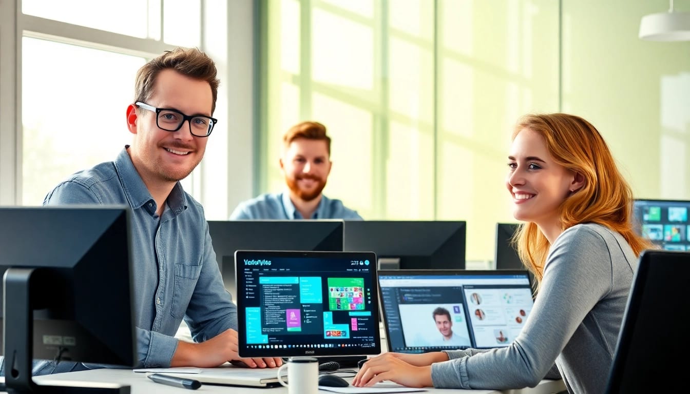 Entwickler arbeiten an Visual Studio 2022 Pro für Entwickler und Unternehmen in einem modernen Büro.