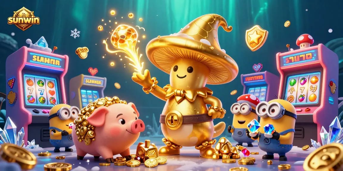 Experience thrilling casino fun with sunwin's vibrant 3D illustration of golden treasures and arcade games.