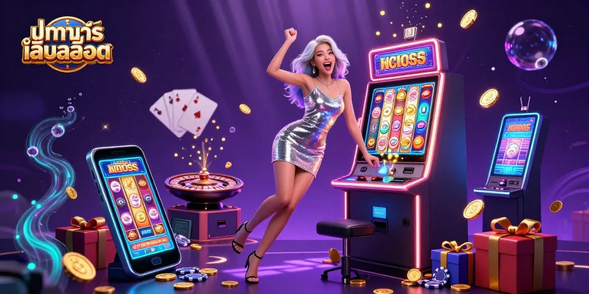 Spin the reels and win big with ทดลองเล่นสล็อต at this vibrant 3D casino scene.