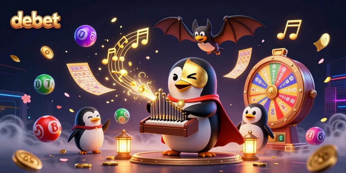 Experience thrilling games with debet as a penguin plays music amidst colorful casino elements.