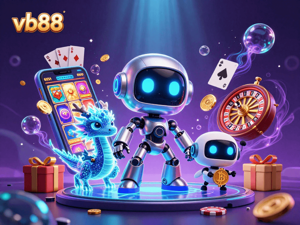Engaging scene of vb88 showcasing a vibrant cyberpunk robot, bitcoin, and casino games