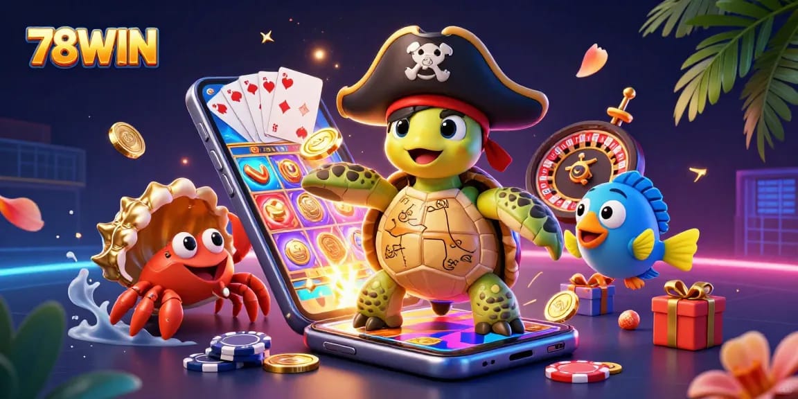 Experience the excitement with 78WIN's vibrant 3D illustration showcasing cartoon characters and dynamic casino elements.